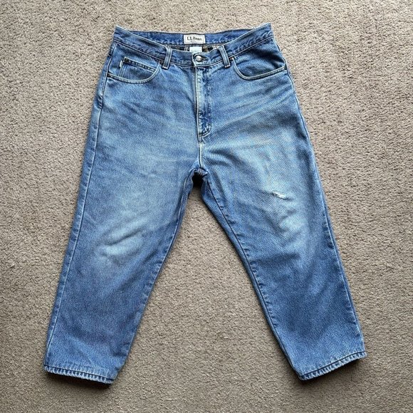 LL Bean Jeans Mens 34x25 Flannel Lined Blue Light Wash Denim Distressed - Picture 1 of 13
